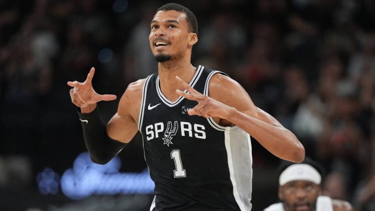 San Antonio Spurs forward Victor Wembanyama (1) reacts to a score against the Detroit Pistons during the first half of an NBA basketball game in San Antonio, Thursday, March 5, 2026. (Eric Gay/AP)